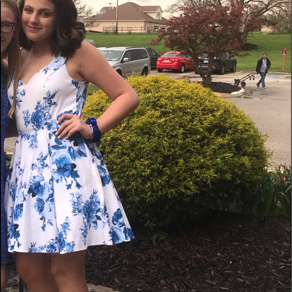 blue and white floral formal dress with pockets
